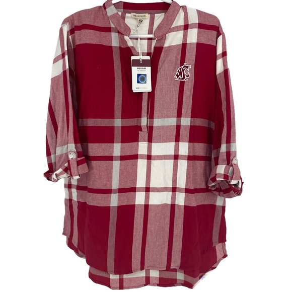 WASHINGTON STATE COUGARS NWT RED AND WHITE BUFFALO CHECK PLAID BLOUSE TOP MEDIUM - Picture 1 of 10